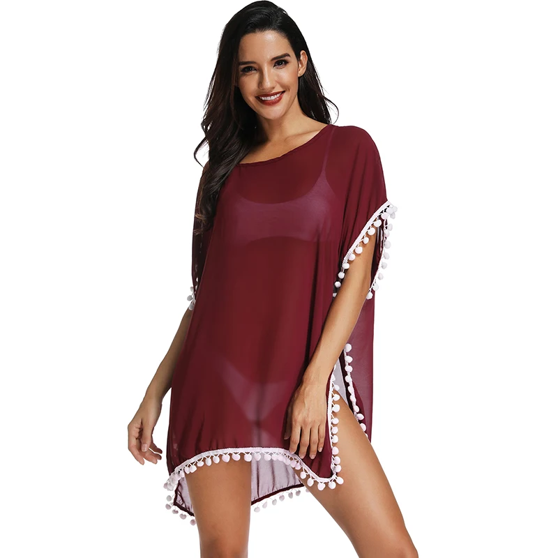 Wine Red Новая шифоновая пляжная одежда для женщин с кисточками, купальный костюм, купальный костюм, летний купальник, мини-платье, свободная однотонная парео Ups - Цвет: Wine Red