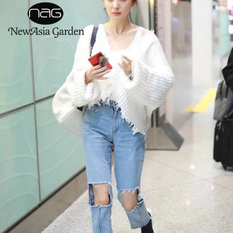 NewAsia Garden Sexy V Neck Loose Fit Sweater Autumn Spring Jumper Long Batwing Sleeve Tassel Winter Knitwear Pullover Outfits | Женская