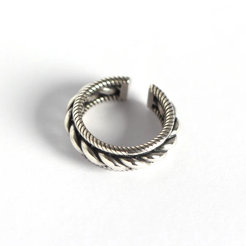 

YPAY Genuine 925 Sterling Silver Open Rings Vintage Heavy Three-layer Twist Weaving Korean Fine Jewelry for Women Men YMR749