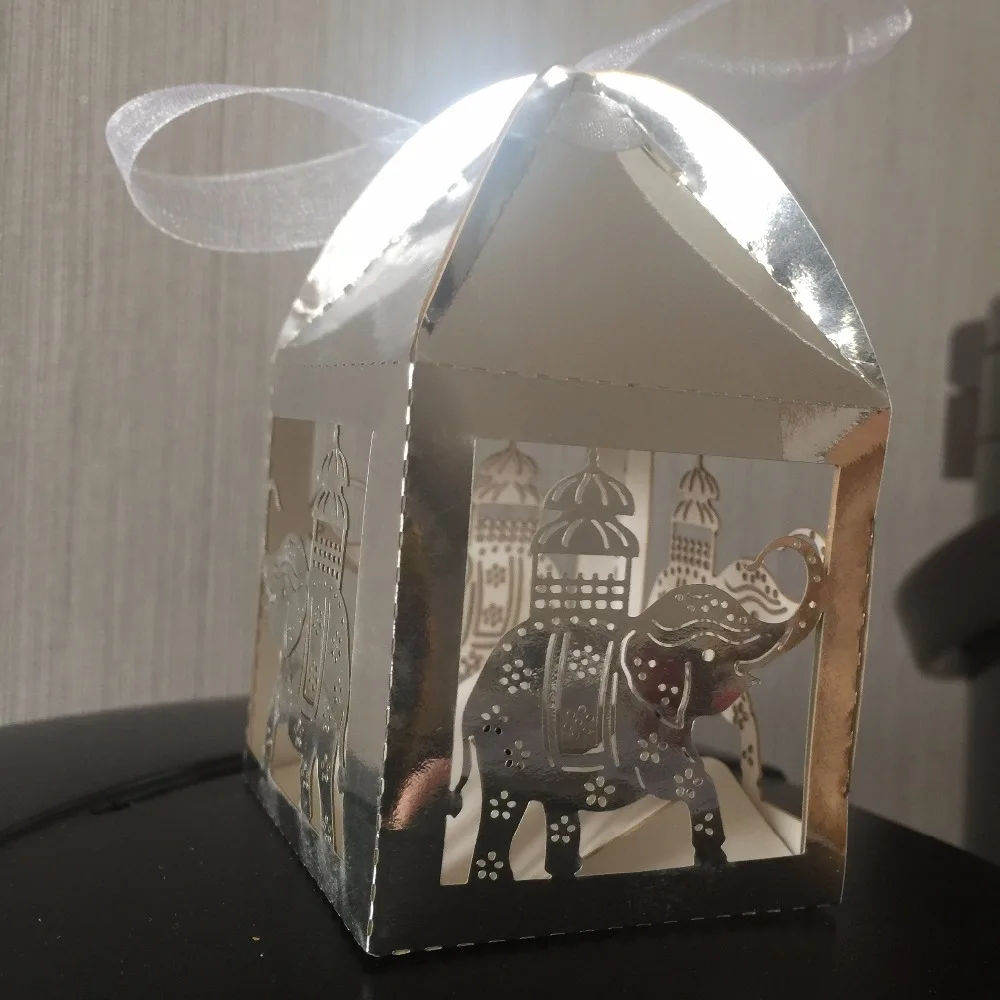 100 шт. металлическая бумага Серебряный слон Свадебная коробка с лентой индийские