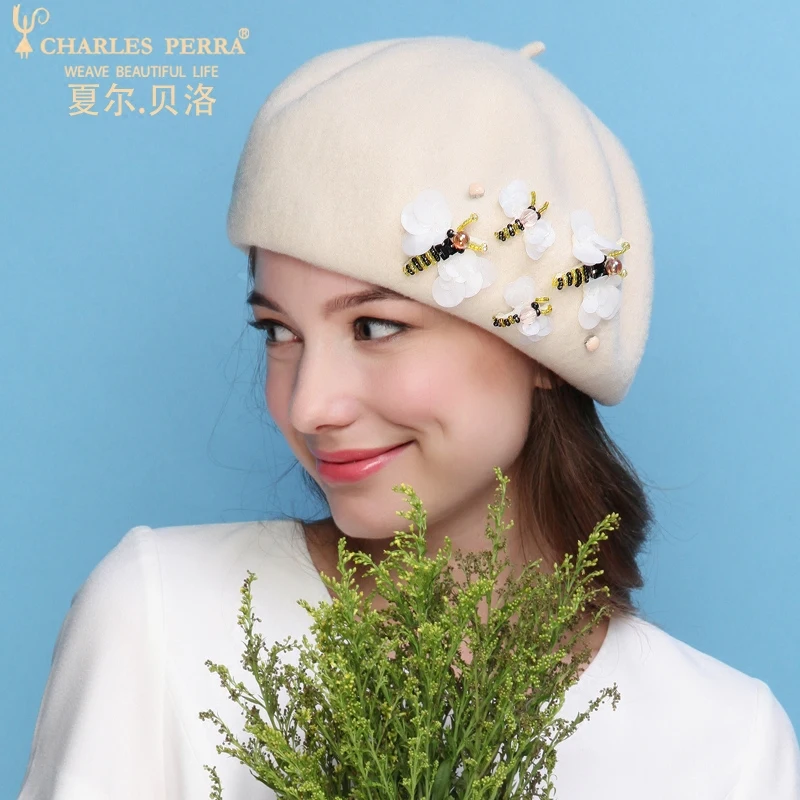 Charles Perra Brand Spring Autumn Lady Berets New Women Wool Hats Warm Fedoras Casual Elegant Fashion Beret Hat 8528