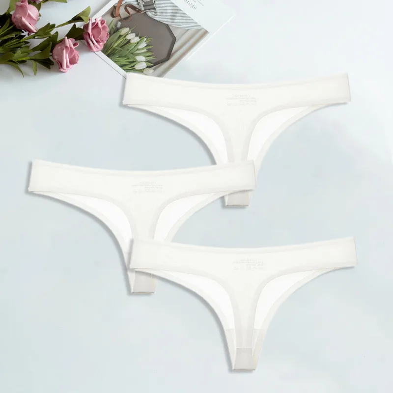 White-3 pcs Шелк льда стринги для женский сексуальный бесшовный стринги трусики хлопок женское нижнее белье девушки бикини женские трусы нижнее белье 3 шт./компл - Цвет: White-3 pcs