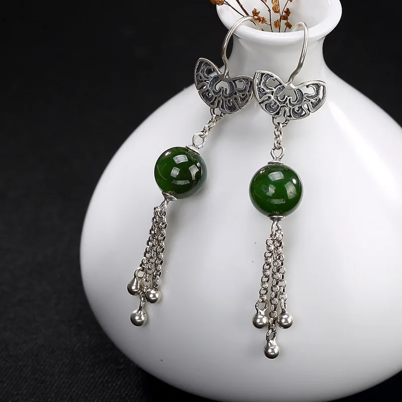 

Silver S925 Sterling Silver Antique Inlaid Jade Jade Bliss In Front Of Ladies Earrings Earrings Wholesale