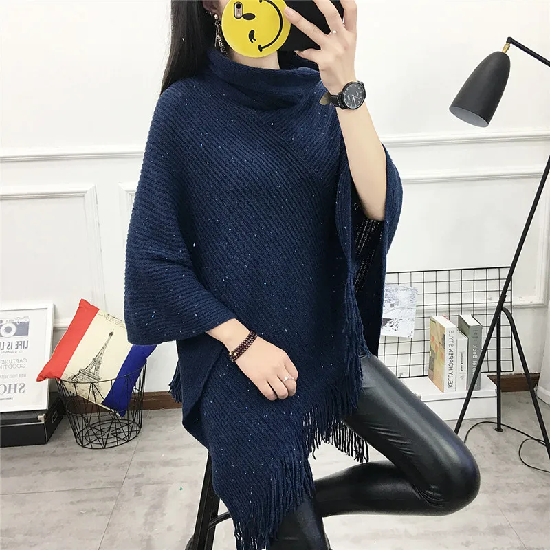 2019 women autumn winter thick sequins high collar tassel large size loose warm cloak shawl fashion sweater | Женская одежда