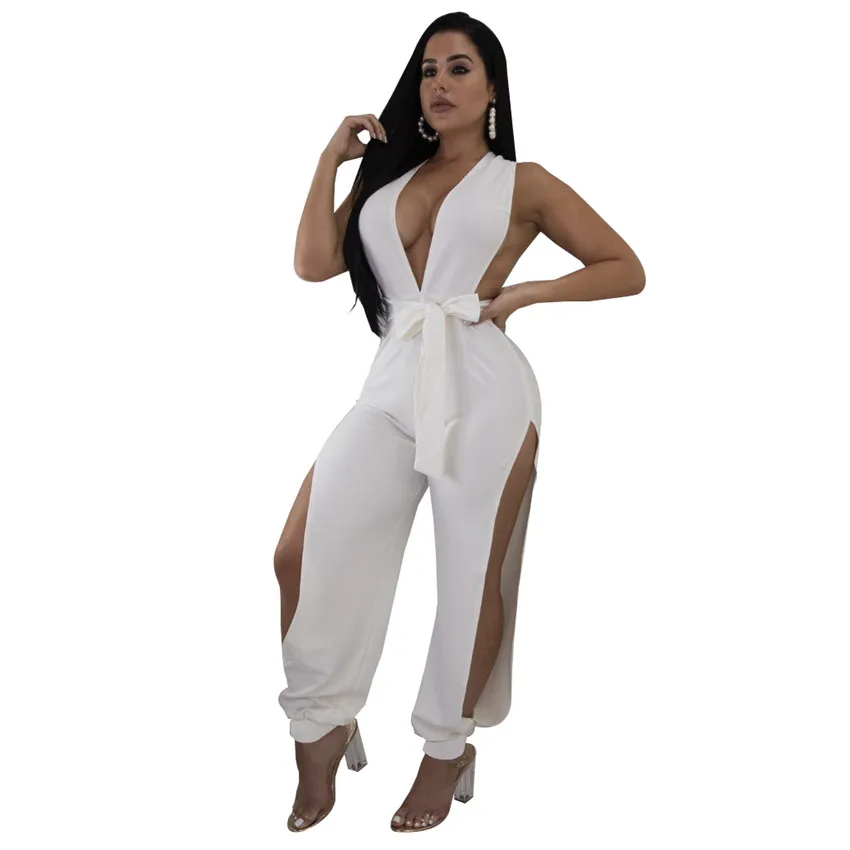 Wjustforu Summer Sexy Hollow Out Jumpsuit Women Bandage Bodycon Off Shoulder Overalls Deep V Neck Backless Split Female | Женская одежда