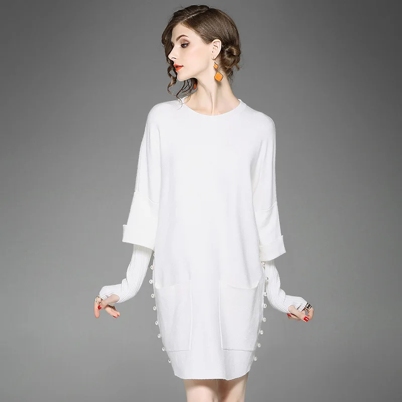 Вязаные платья для женщин осенняя одежда 2017 модные на пуговицах с открытыми