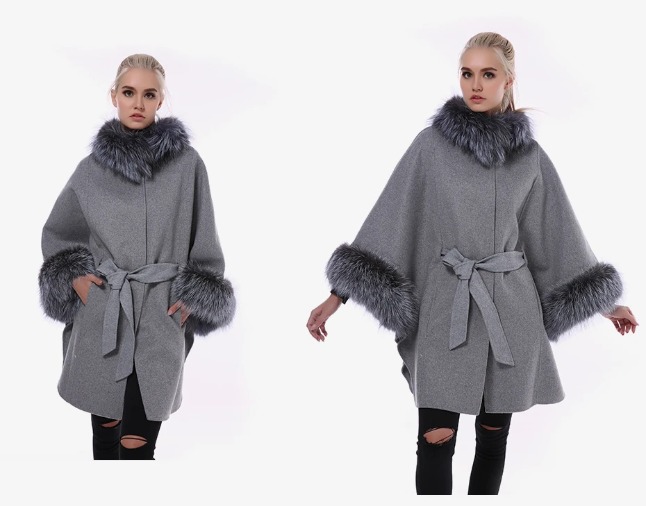 JEPLUDA Женское Пальто Натуральный Мех Лиса Pоскошный Меховой Воротник и Рукава Plus Size Свободные Стиль Кашемировая Куртка Женская с Натуральным Мехом Высокое Содержание Щерсть Пальто Женское Зимнее Большой Pазмер