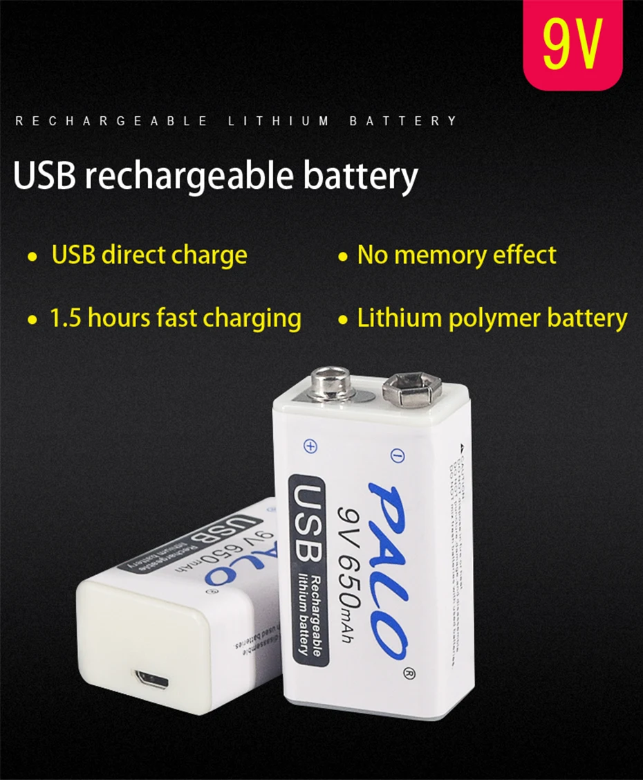 PALO 9V USB литиевая батарея 650mAh 6F22 6LR61 литий-ионная аккумуляторная батарея для игрушек массажеры мультиметры гитара с USB кабелем