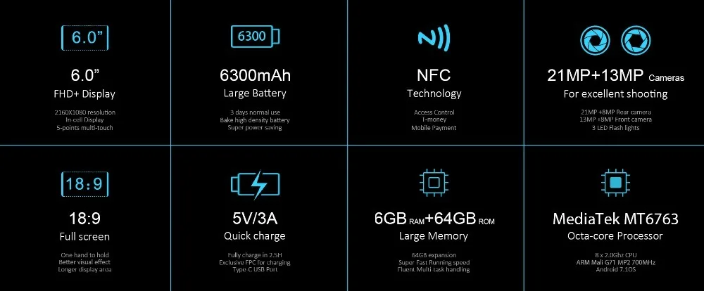 Oukitel K6 6," 18:9 полноэкранный 4G смартфон 6 ГБ ОЗУ 64 Гб ПЗУ 6300 мАч аккумулятор MT6763 Восьмиядерный Android 7,1 8 Мп мобильный телефон