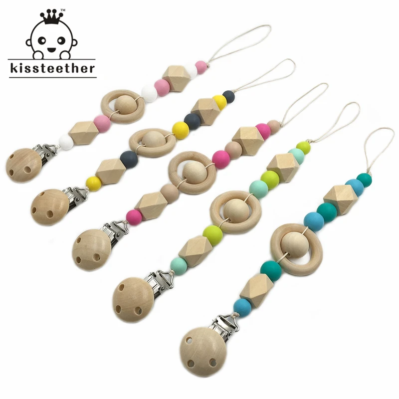 

Pacifier Clip Wooden Organic and Silicone Beads Rattle Holder Chewable Baby Accessories Pendant