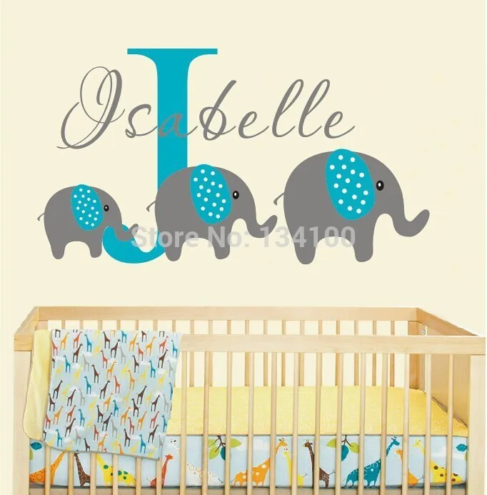 Персонализированные прекрасные слоны с съемной виниловой надписью для декора детской комнаты - Вы выбираете имя и цвет.