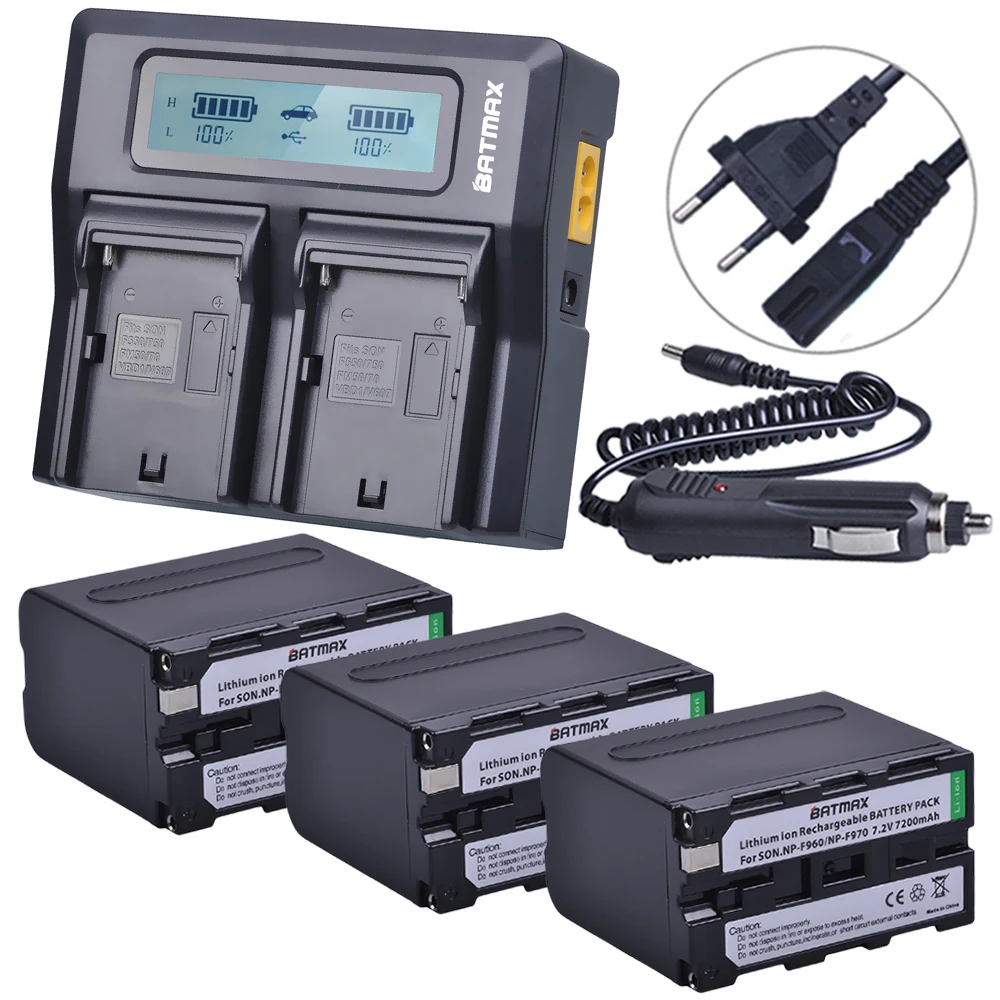Bateria com Indicadores de Energia Duplo para Sony Led + Lcd Np-f960 Rápido Carregador F975 F970 F960 F950mc1500c 3pc 7200 Mah Np-f970 Npf970