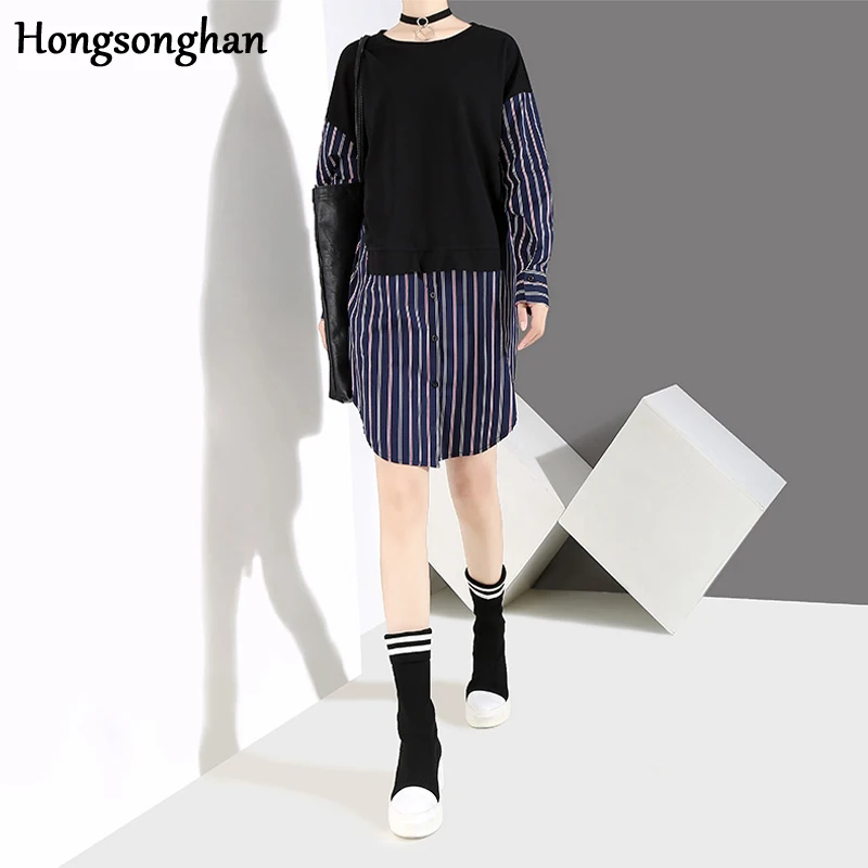 Hongsonghan/2018 г. стильный полосатый пуловер в стиле бойфренда из двух частей женская