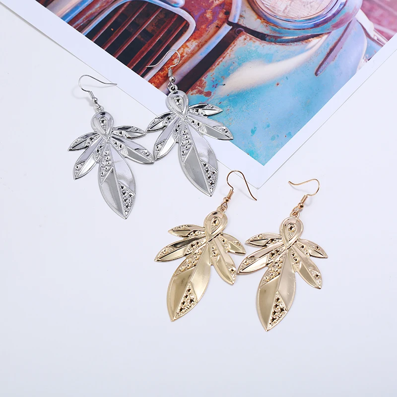 FLDZ Leaves long fashion temperament earrings Metal personality style Exaggerated female Creative drop jewelry gifts | Украшения и