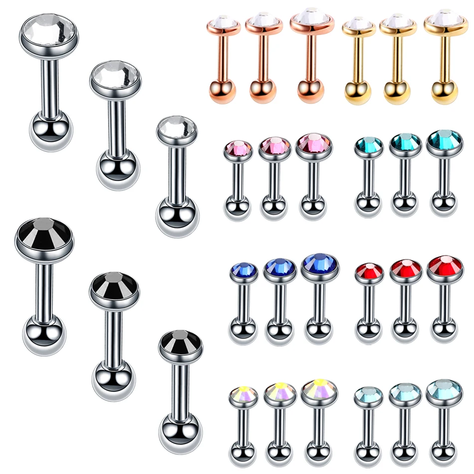 3pcs/lot Steel Crystal Ear Cartilage Helix Bar Ear Stud Piercing 16G Earring Piercings Lobe Cartilage Barbell Sexy Girls Jewelry
