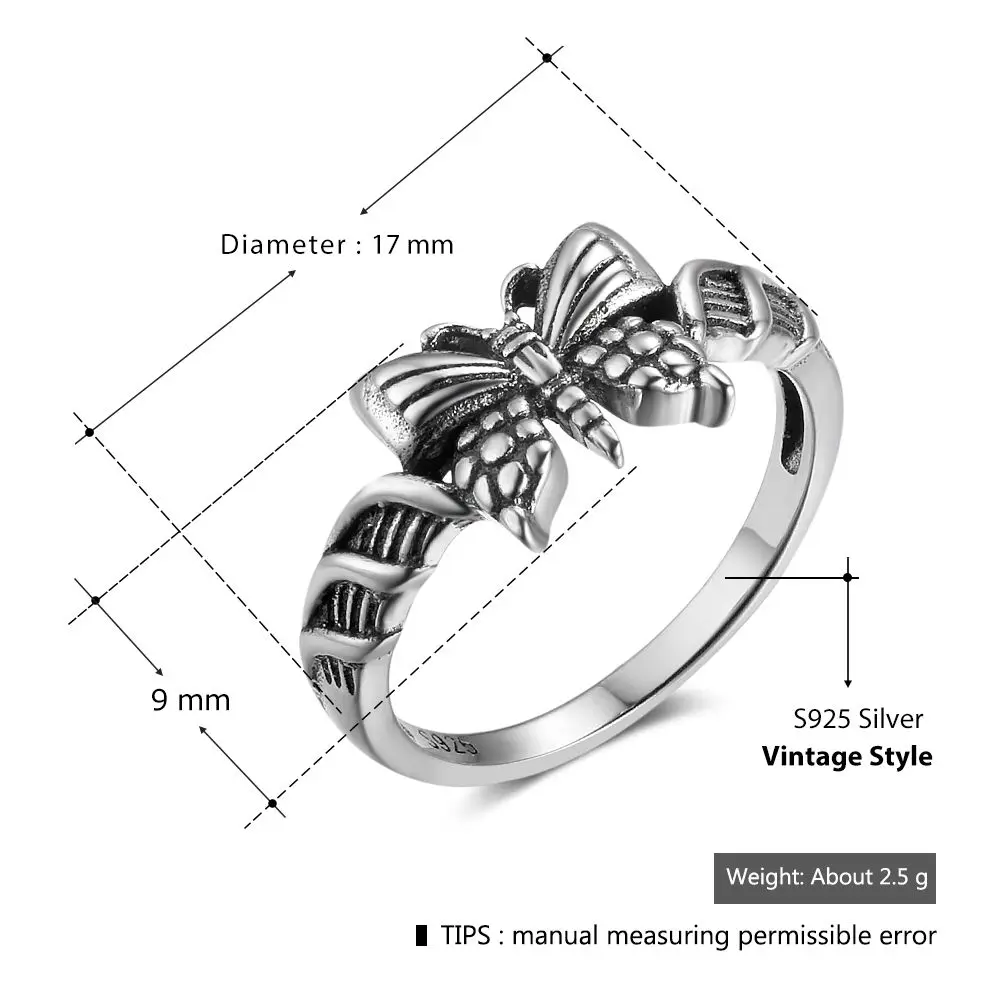 Винтаж 100% твердые стерлингового серебра 925 Бабочка кольцо Ретро палец Кольца для