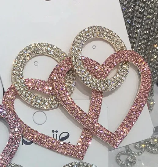 gold pink Блестящее розовое белое Двойное сердце со стразами, подвеска, висячие серьги для женщин, ювелирное изделие, модные Эффектные серьги, аксессуары - Окраска металла: gold pink