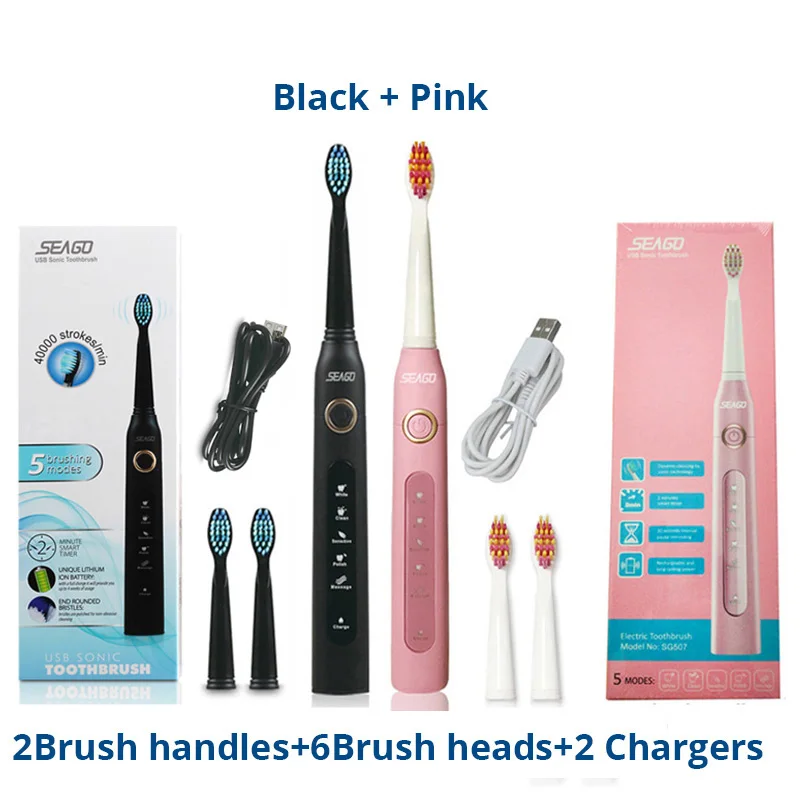 PinkBlack Звуковая электрическая зубная щетка для взрослых Seago SG-507 перезаряжаемая зубная щетка 5 режимов Глубокая чистка полости рта мягкая щетина Dupont - Цвет: PinkBlack