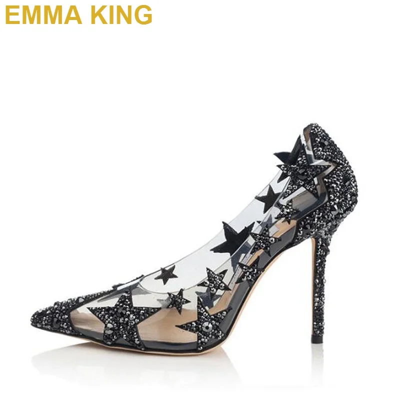 EMMA KING модные ПВХ Стразы Звезд Женские туфли лодочки женские на высоком каблуке с
