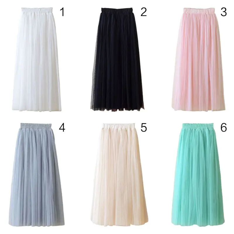 

Womens High Waist Three Layer Sheer Mesh Pleated Tulle Midi Long Tutu Skirt Sweet Solid Candy Color Drape Swing Loose