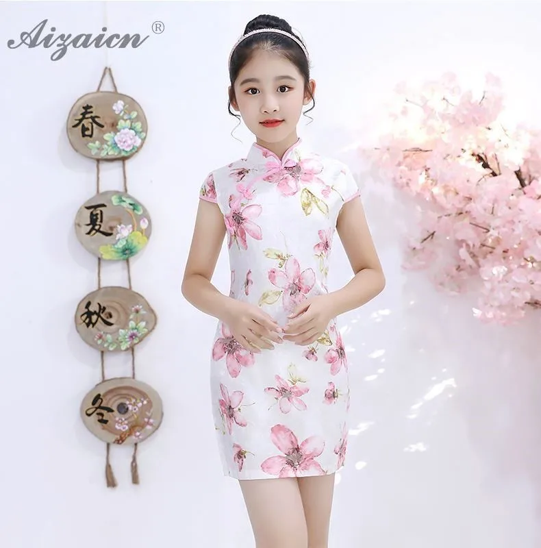 Китайское традиционное платье дети короткие Cheongsam Китай обувь для девочек винтажное платье нации ветер ребенок тонкий Qi Pao платья принцесс