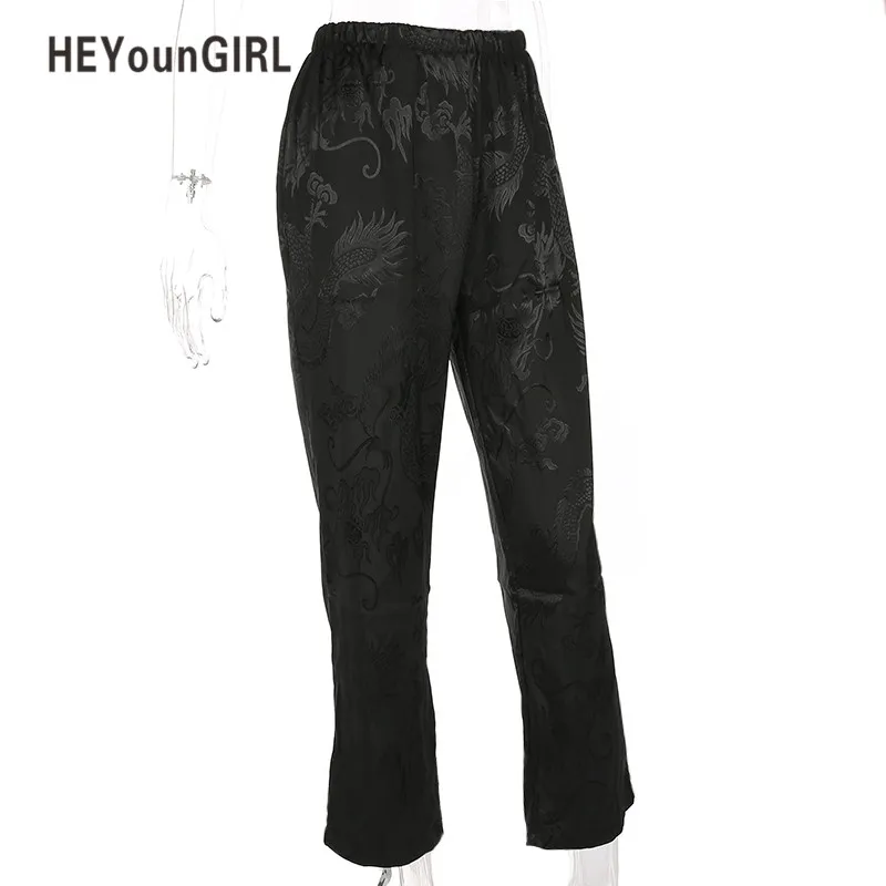 HEYounGIRL, прямые штаны, повседневные, свободные, женские, высокая талия, с принтом дракона, хип-хоп, черные штаны,, китайский стиль, низ