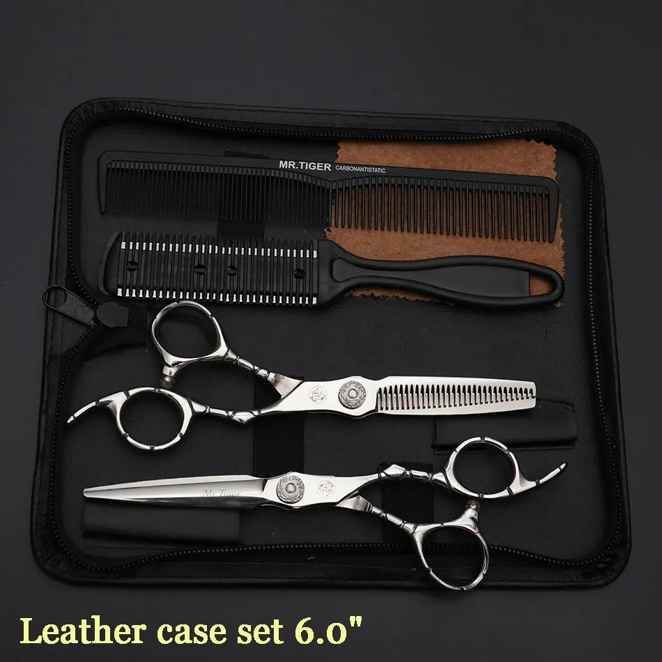 leather case set Высококачественные ножницы для стрижки волос, Профессиональные парикмахерские ножницы, профессиональные ножницы для стрижки волос, набор ножниц 5,5 6,0 - Цвет: leather case set