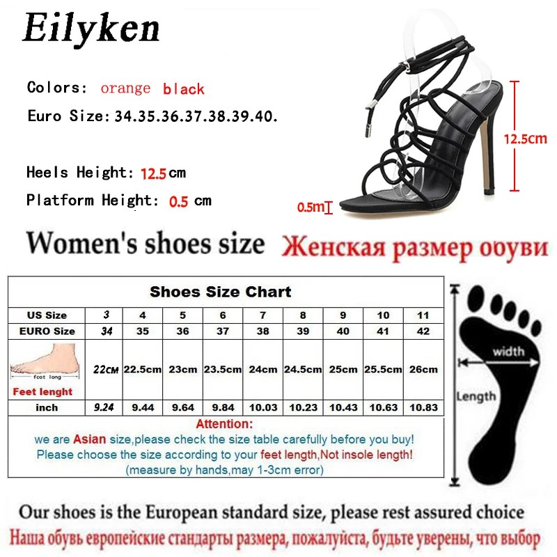Eilyken г. Новые модные летние пикантные босоножки на высоком каблуке с открытым носком на шнуровке, большие размеры 35-42, черные, оранжевые женские босоножки