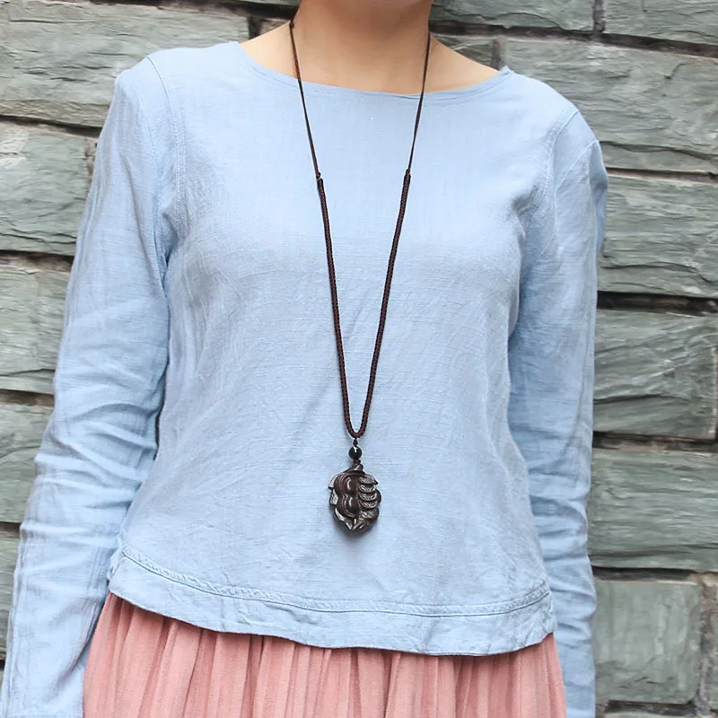 

SEDmart Vintage Ethnic Handmade Wood Carving Fish Pendant Necklaces Women Men Adjustable Long Rope Chain Sweater Necklace Gift