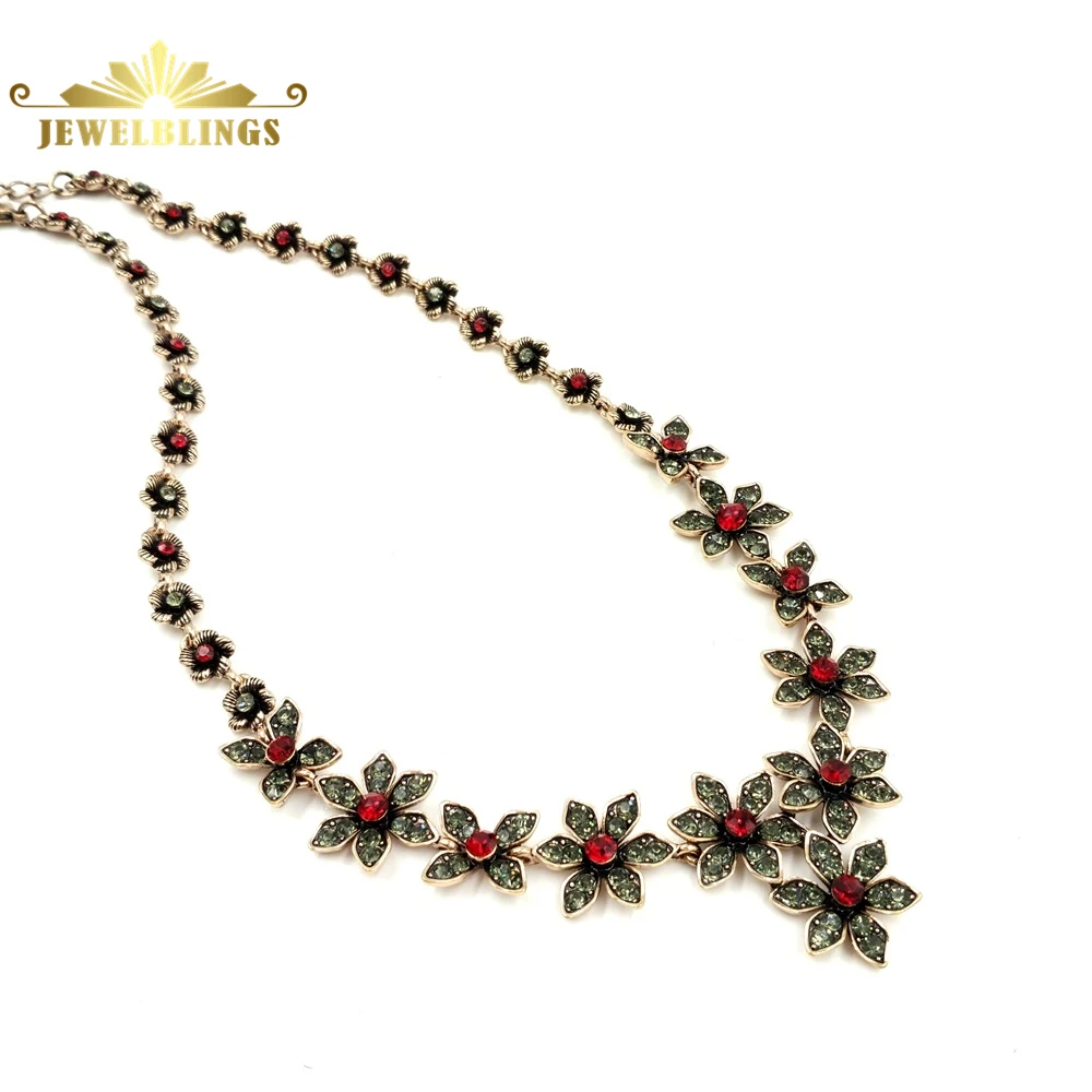 

Bohemian Antique Red Crystal Orchid Flower Necklaces Gold Tone Chain Six Petal Daisy Flower Deco Vintage Floral Red Necklaces