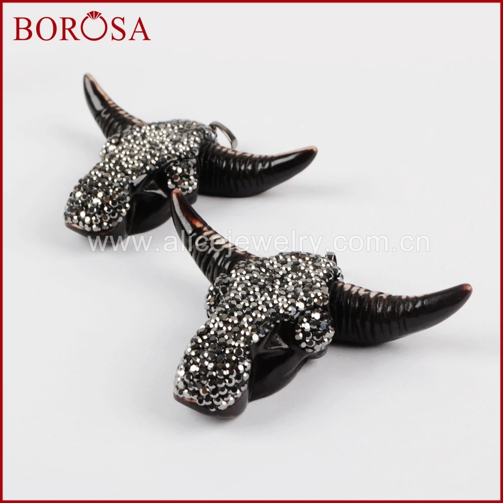 BOROSA 10 шт. Druzy Черная смола голова быка кулон для женщин, дизайн буйвола рогатый скот Шарм Подвеска кулон Стразы JAB641