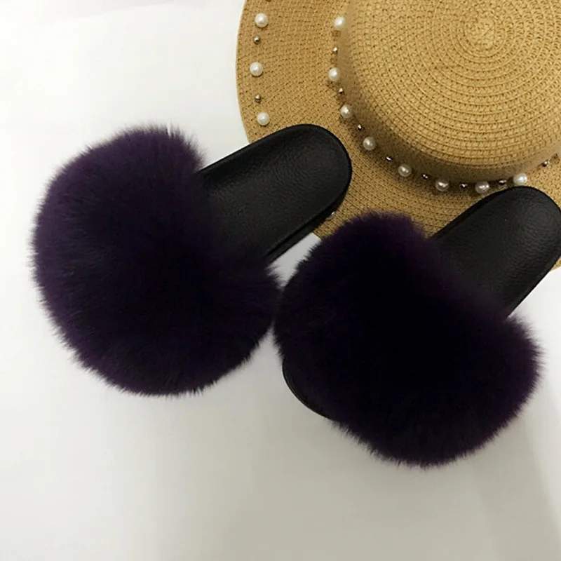Женские тапочки Летние туфли из натурального Лисьего меха шлепанцы для лета