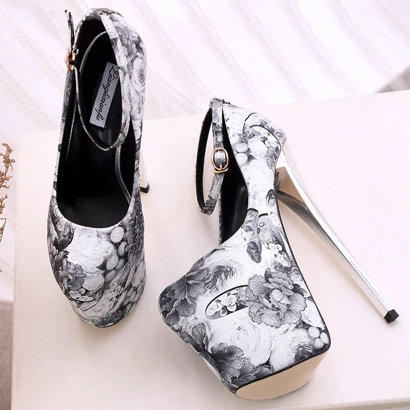LLXF zapatos/Большие размеры: 34-45, 46, 47, весенние пикантные туфли на тонком высоком каблуке 20 см женские туфли-лодочки на шпильке в этническом стиле ретро с ремешком на щиколотке