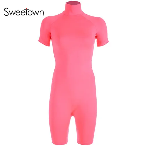 pink Sweetown неоновый зеленый комбинезон пуш-ап женский комбинезон короткий водолазка тонкие сексуальные костюмы пляжного типа и комбинезоны одежда для фитнеса - Цвет: pink