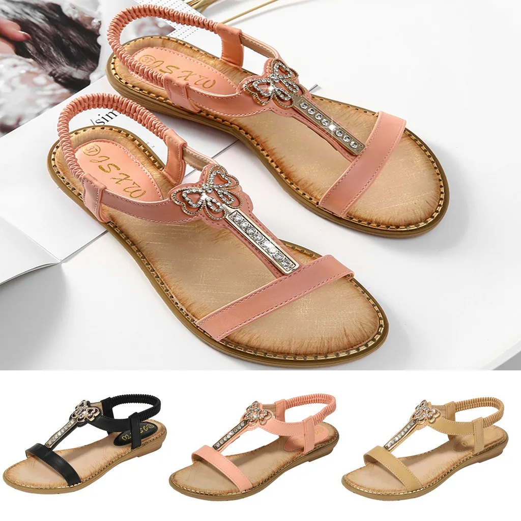 

SAGACE Summer women's sandals bohemian elastic open toe diamond buckle wild butterfly flat beach sandals new listing 2020