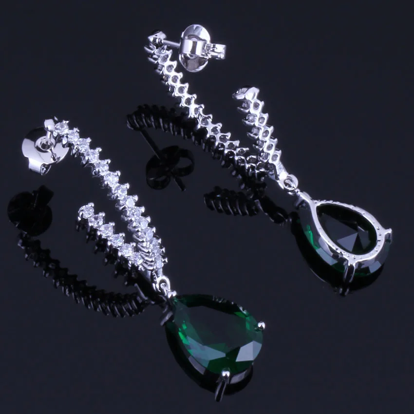 

Prominent Water Drop Green Cubic Zirconia White CZ Silver Plated Drop Dangle Earrings V0366