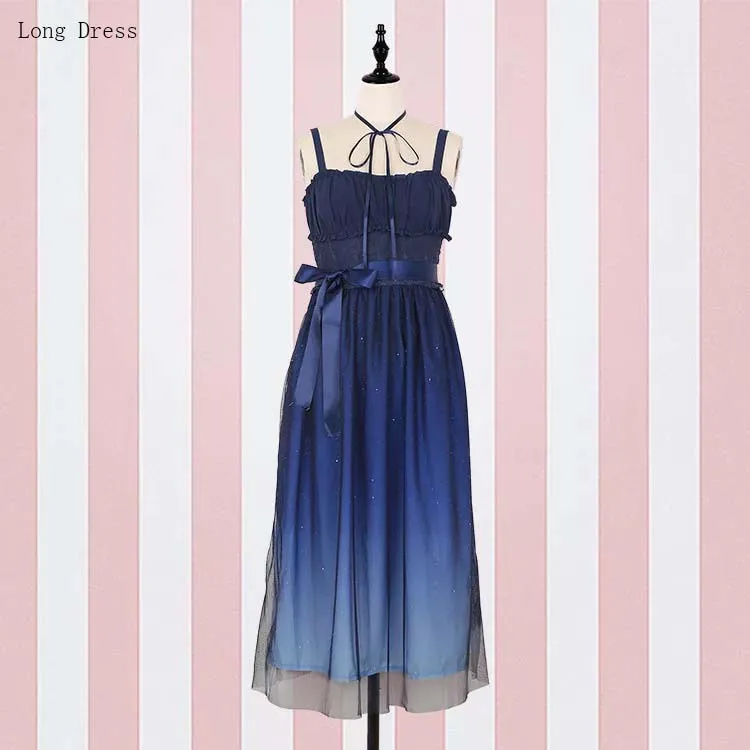 Long Dress Милое милое платье на бретельках средней длины в стиле Лолиты, градиентное платье со звездами JSK голубого цвета для девочек, нарядное кружевное плиссированное платье с рюшами, блузка, рубашка, комплект из 2 предметов для женщин - Цвет: Long Dress