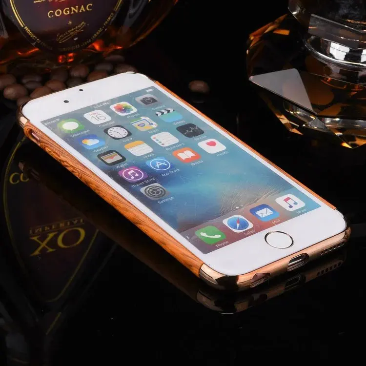New Luxury Smooth Plating Wood Vein Style Back Cellphone Shell Stand Case Cover with Finger Ring Holder for iPhone 6 6S Plus |
