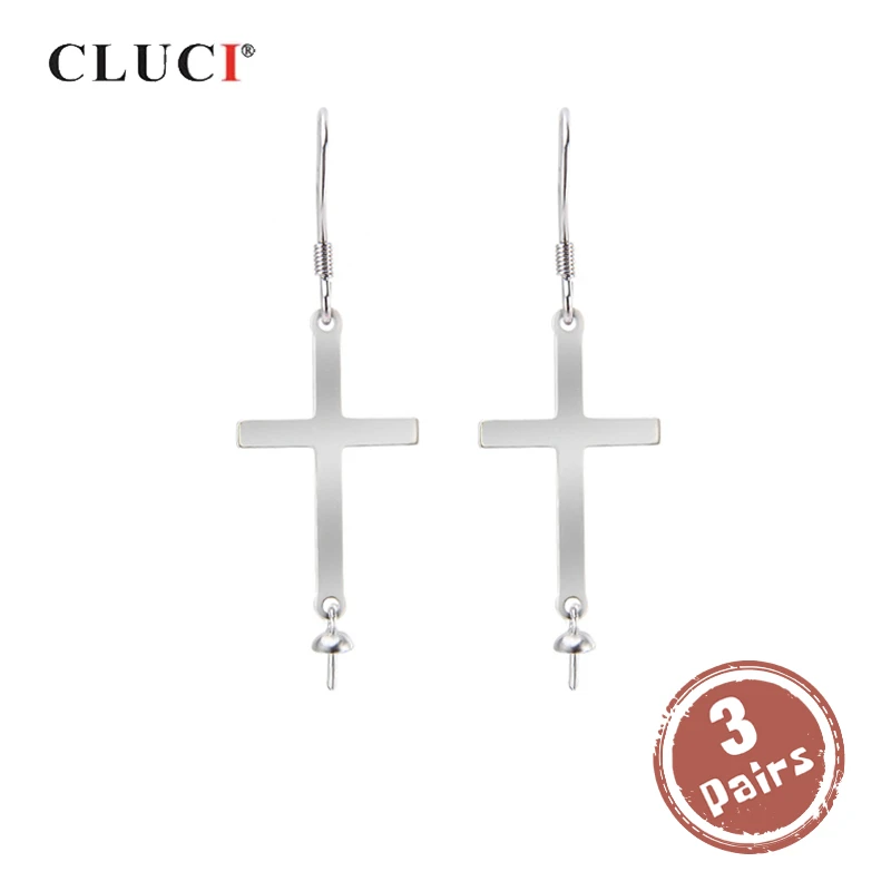 

CLUCI 3 pair 925 Sterling Silver Cross Earrings Women Anniversary Pearl Earring Mounting Silver 925 Drop Earrings SE052SB