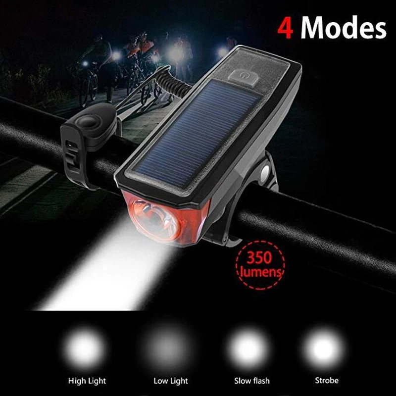 AYDAN USB Solar Charging Bike Light Waterproof Bicycle Headlights 120 db Electronic Horn Light 350 Lumens Bicycle Front Lights