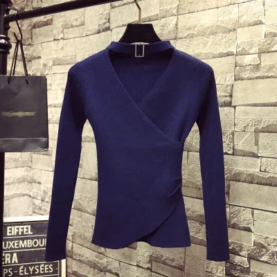 navy blue Neploe Helter, эластичный изящный женский свитер, однотонный вязаный женский пуловер,, весна-осень, новинка, элегантный, Sueter Mujer 69244 - Цвет: navy blue