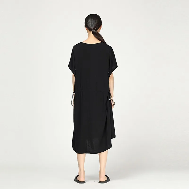 

CHICEVER Summer Casual Solid Patchwork Elastic Irregular Dress For Women O Neck Short Sleeve Loose Plus Size Knee Length Dresses