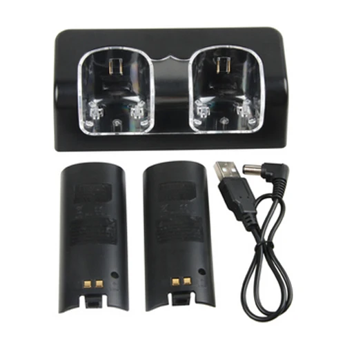 OSTENT Black Charger Dock Station + 2 Battery Packs for Nintendo Wii Remote Controller