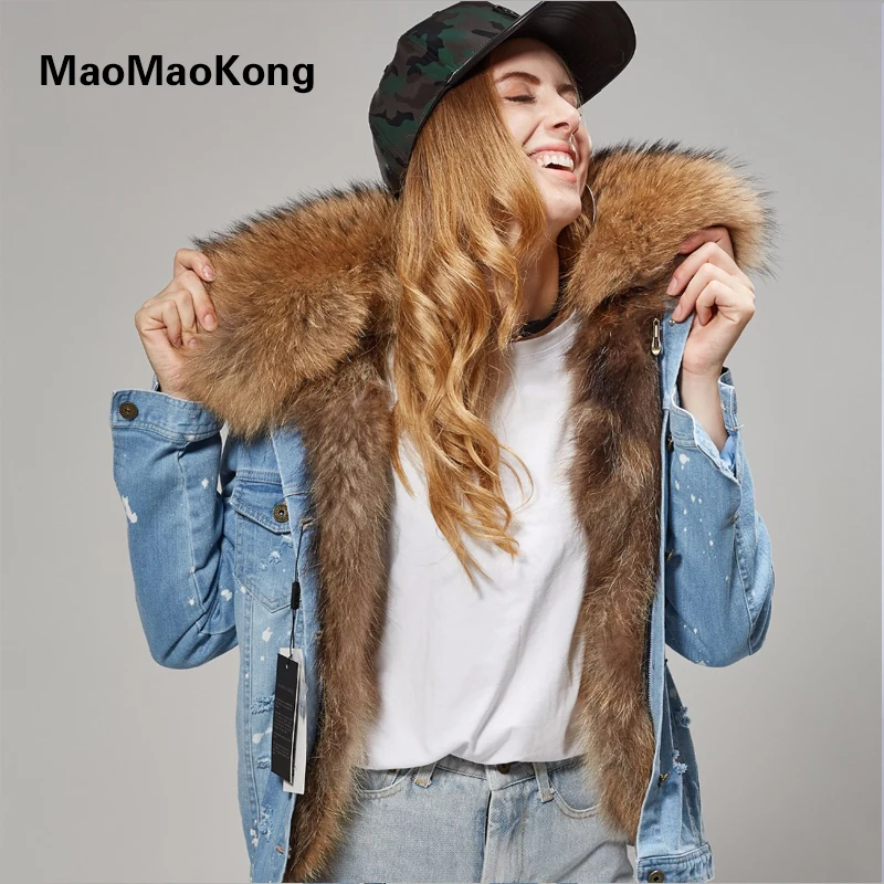 MAOMAOKONG 2017 Женская модная темно-синяя джинсовая короткая куртка с лисьим мехом