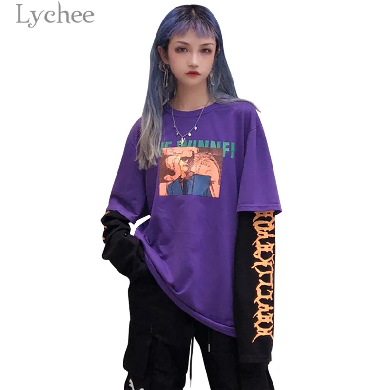 Purple Lychee винтажный женский свитер с буквенным принтом, 2 штуки, хит цвета, круглый вырез, длинный рукав, Осенний Повседневный свободный Женский пуловер - Цвет: Purple
