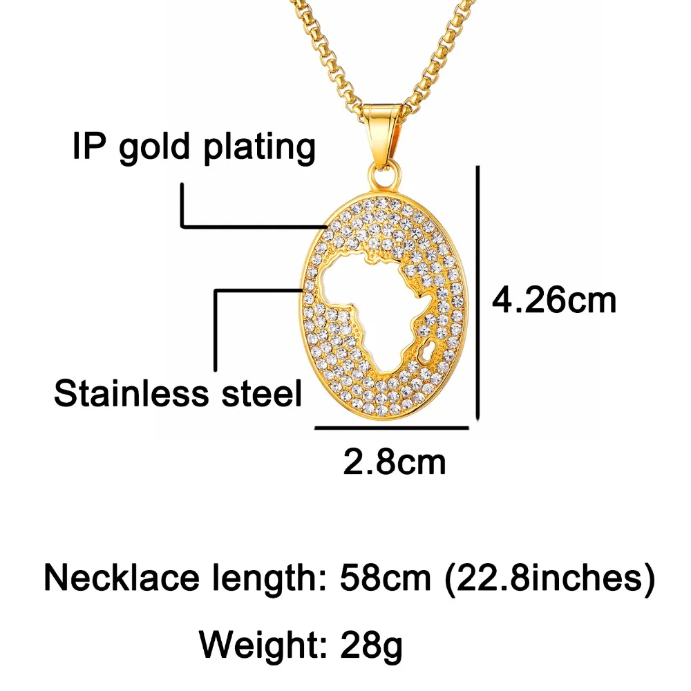 Хип хоп Iced Out Bling Африка кулон карта & ожерелье 316L нержавеющая сталь для мужчин