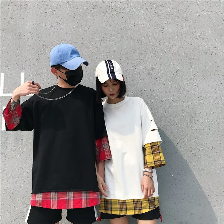 LAPPSTER летняя желтая клетчатая уличная футболка поддельные две части Harajuku Лоскутные футболки мужские Забавные футболки с длинным рукавом