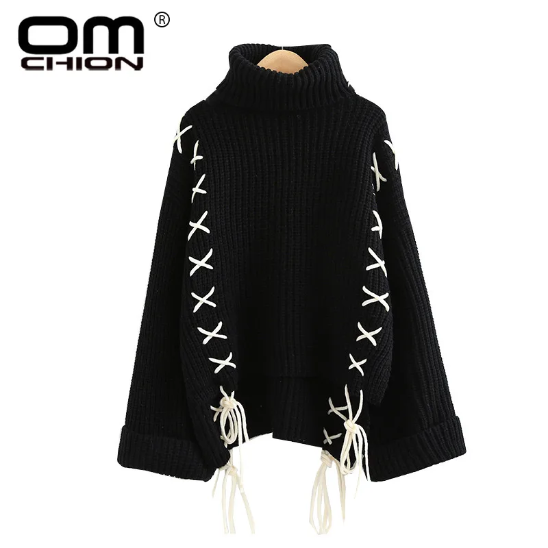 OMCHION Pull Femme 2018 Winter Turtleneck Flare Sleeve Sweater Women Casual Oversized Lace Up Pullover Korean Jumper LMM131 | Женская