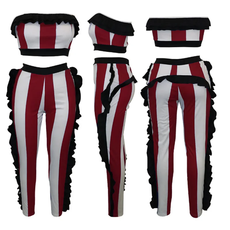 

Women Two Piece Set Tracksuit Strapless T Shirt Tee+Long Pant Ladies Sleeveless Striped Ruffles Outfit Femme Club Suit Sweatsuit