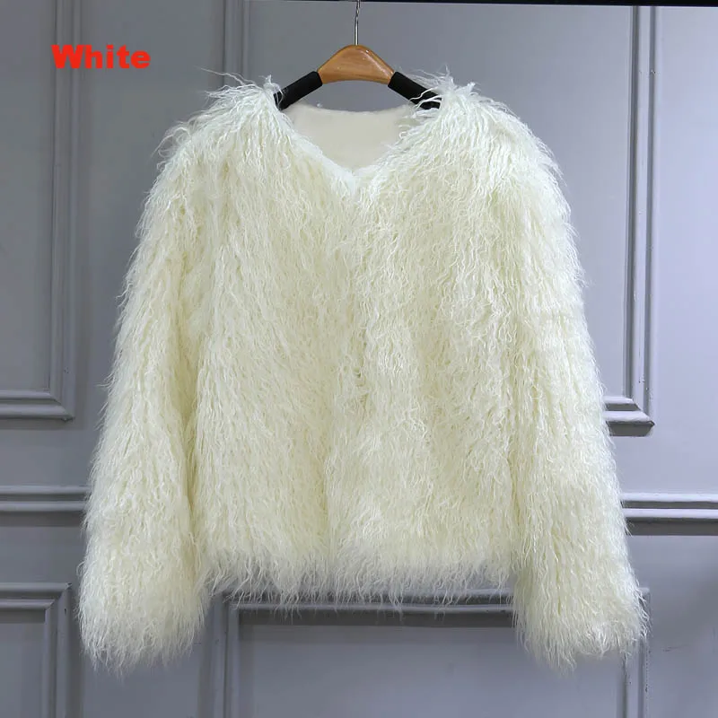 white Женские зимние куртки, пальто, Монгольская овца, искусственный мех, черная пушистая куртка, пальто, утолщенная, теплая, с длинным рукавом, роскошная, меховая верхняя одежда - Цвет: white
